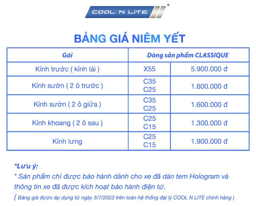 Bảng giá phim cách nhiệt COOL N LITE dòng CLASSIQUE SERIES